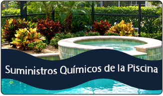 A sign for suministros quimicos de la piscina shows a swimming pool