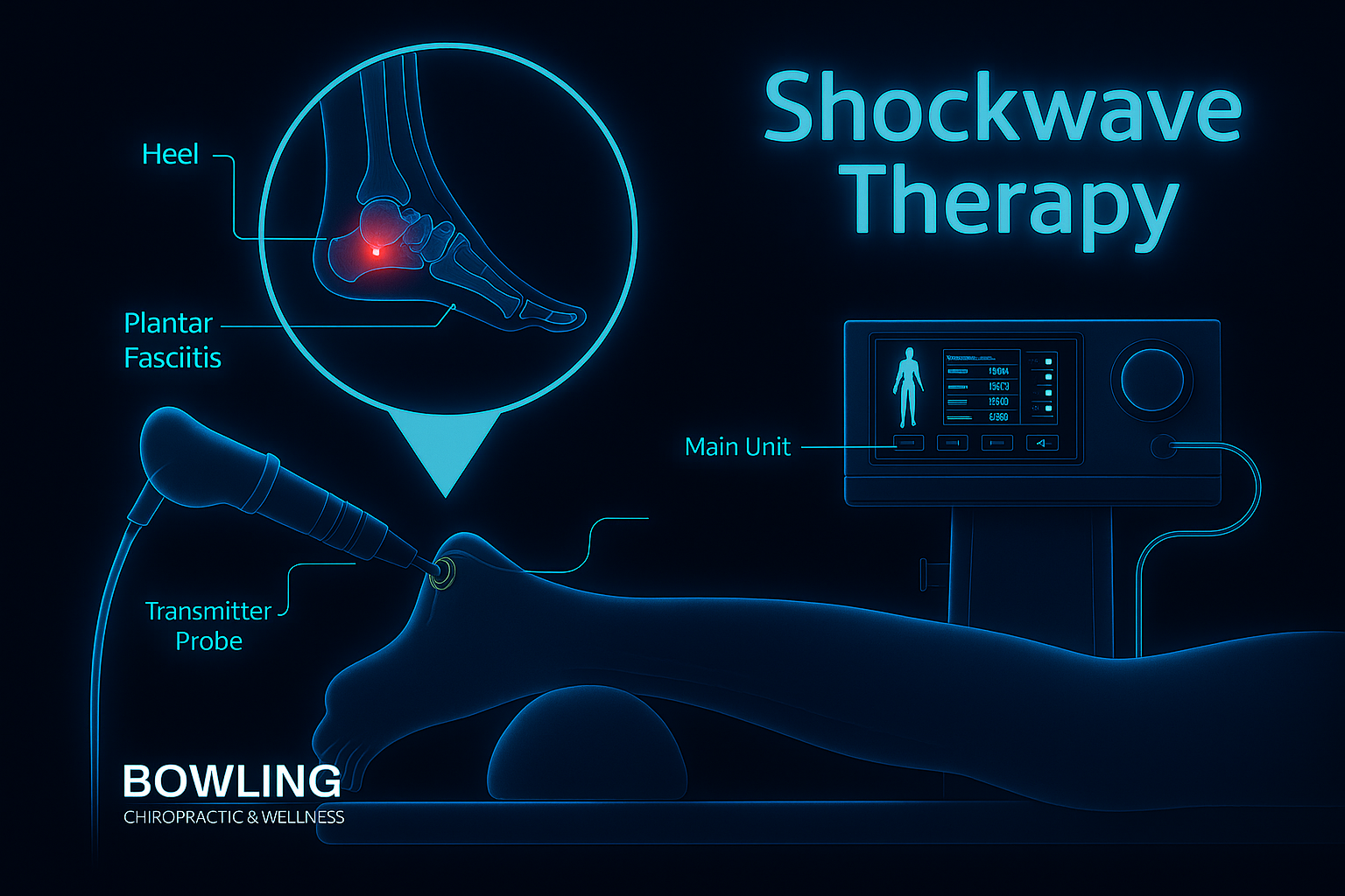 Illustration showing shockwave therapy on a foot for plantar fasciitis. A machine sends waves to the heel.