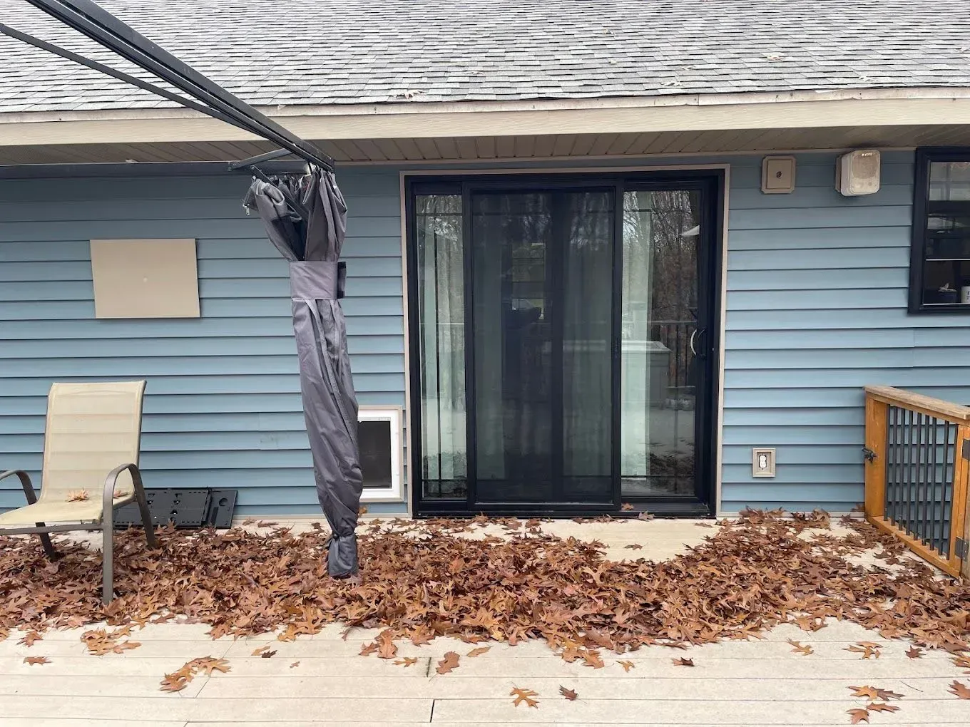 A blue house with a sliding glass door and a lot of leaves on the deck.