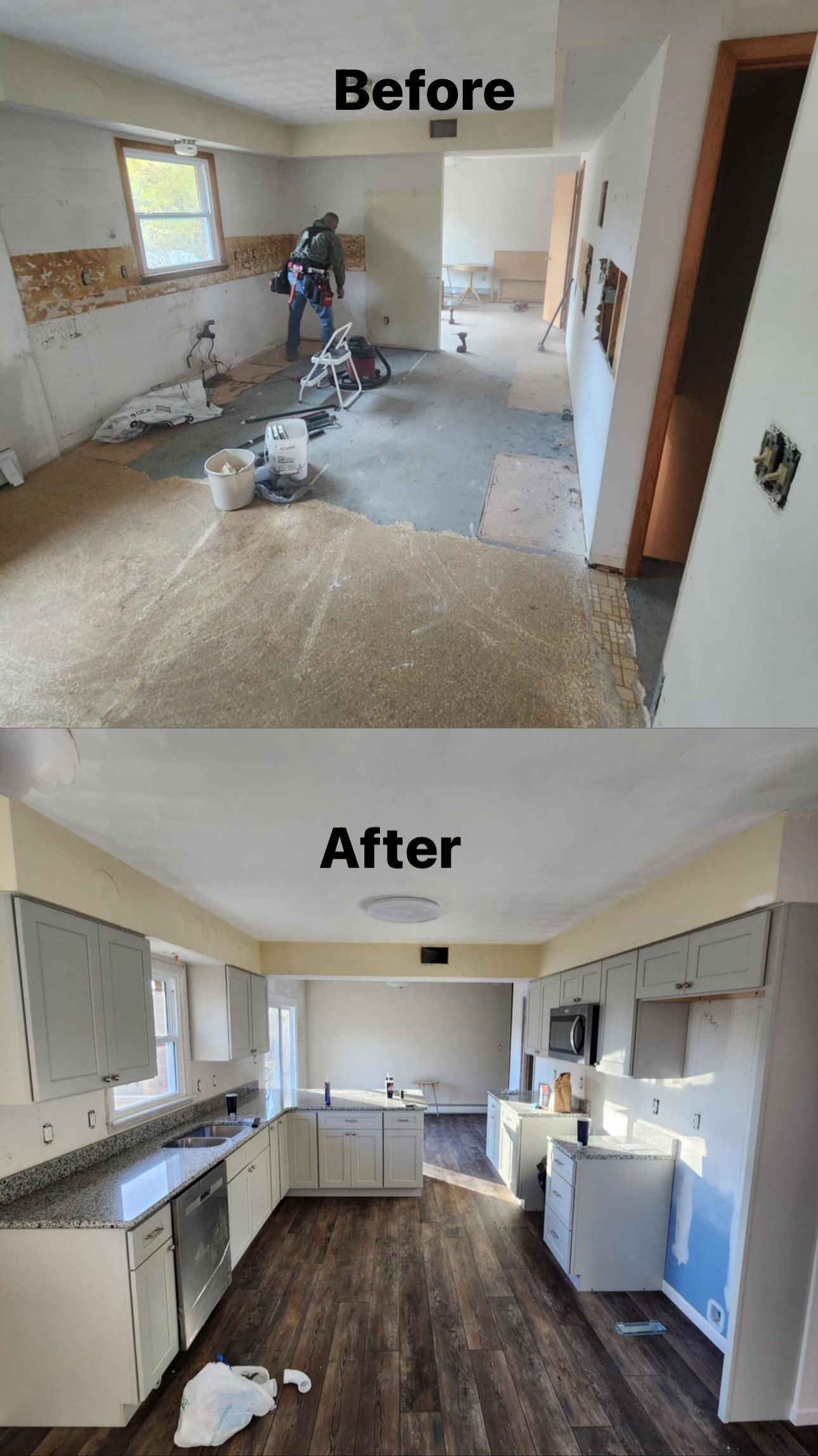 Kitchen renovation: Before and after. Old kitchen ripped up, new cabinets, island, and flooring installed.