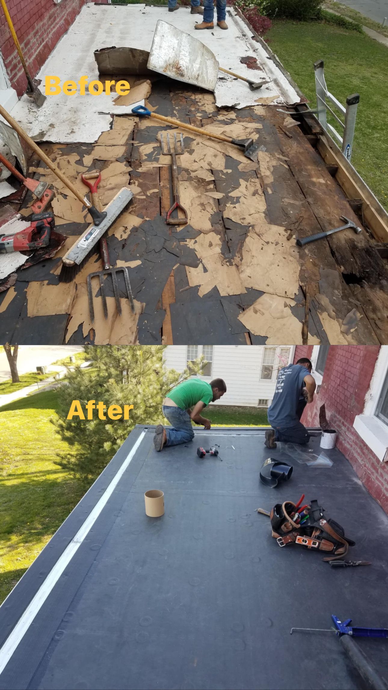Before-and-after of a roof repair. Old roof removed (top), new dark membrane roof installed (bottom). Workers are seen.