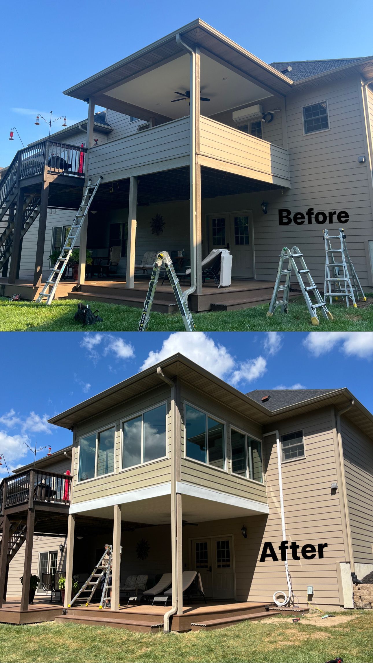 Before/after of a house exterior: open deck transforms into a sunroom, with windows and siding.