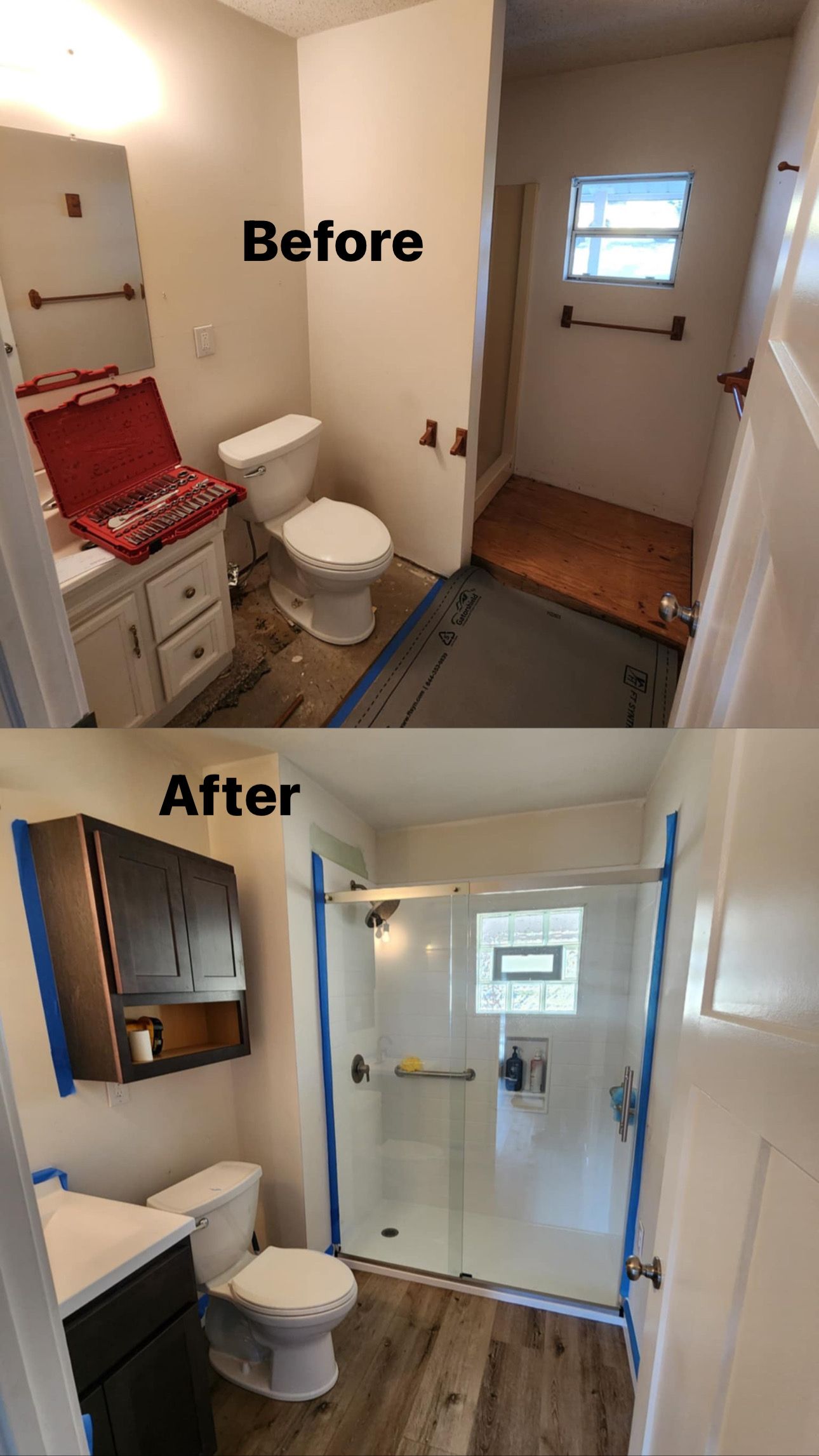 Bathroom renovation before and after: white walls, new shower, dark cabinet, wooden floor, and toilet.