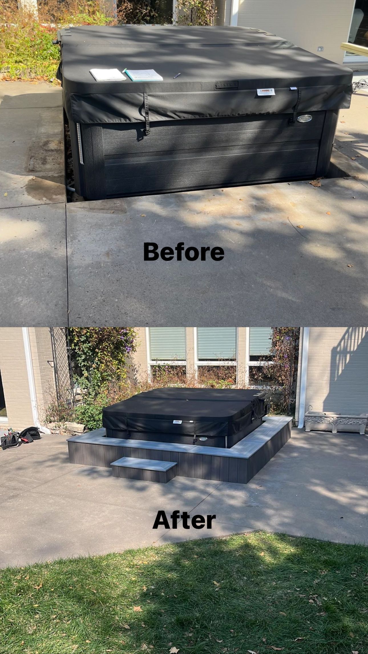 Before and after showing a hot tub. Top: Hot tub on pavement. Bottom: Hot tub on a concrete platform with steps.