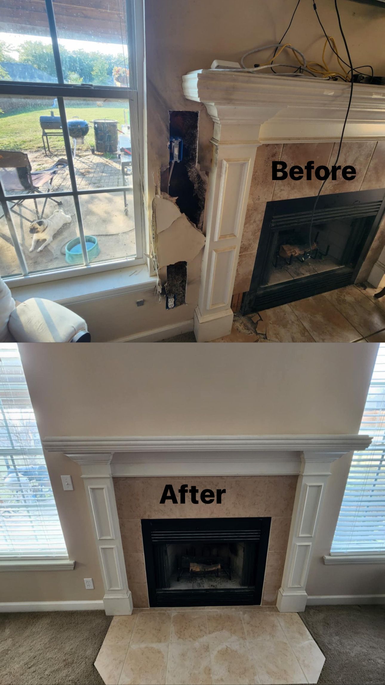 Before and after of a fireplace with a white mantel. The after has a cleaner, more complete look.
