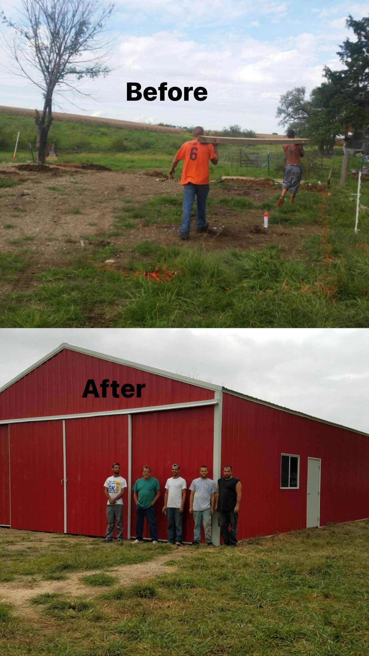 Before and after photos: Men working on dirt ground then standing in front of a new red barn.