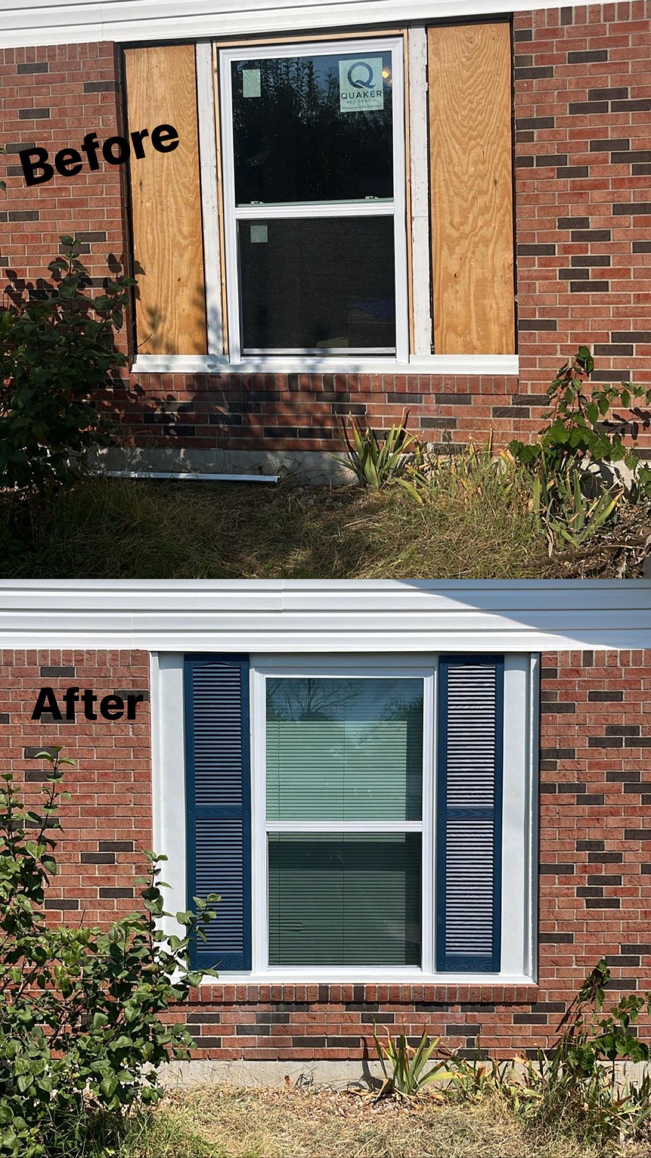 Window repair before and after. Top shows boarded-up window; bottom shows the repaired window with shutters.