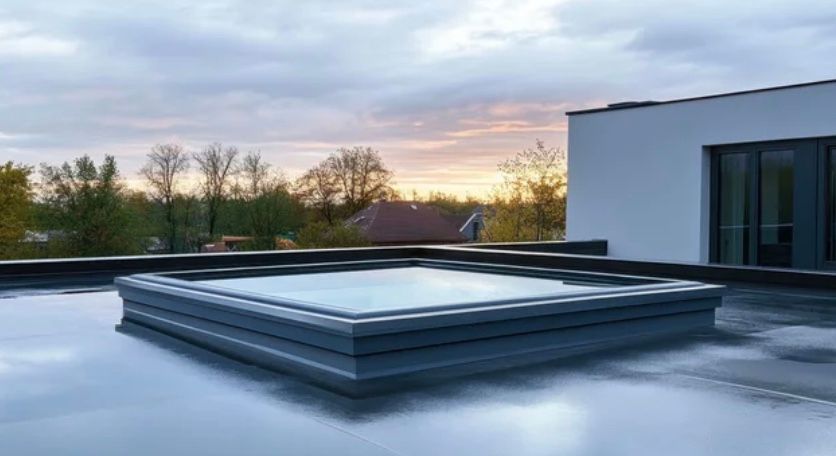 Skylight on a flat roof with a cloudy sunset, trees, and a white building.