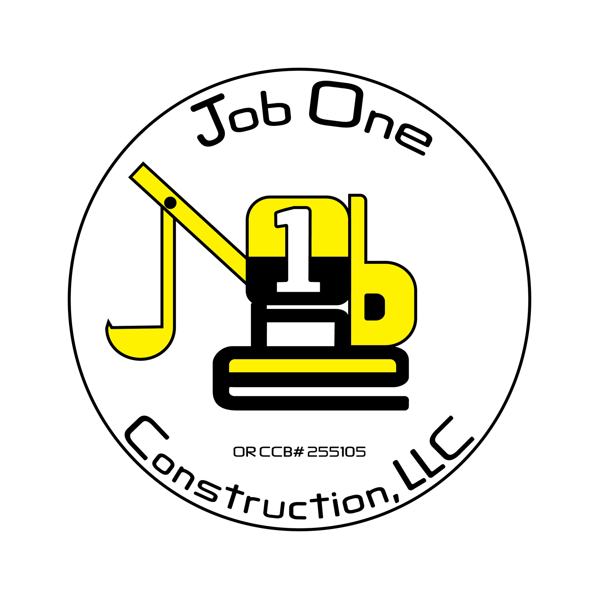 Logo for Job One Construction, LLC featuring a yellow and black excavator forming the number 1 inside a white circle.