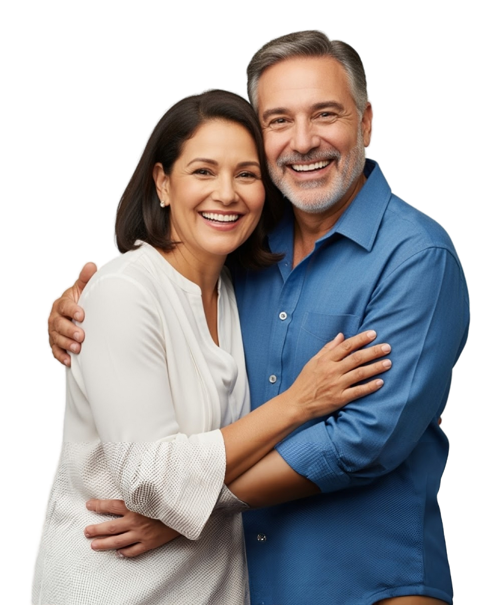 Smiling couple embracing, man in blue shirt, woman in white blouse.