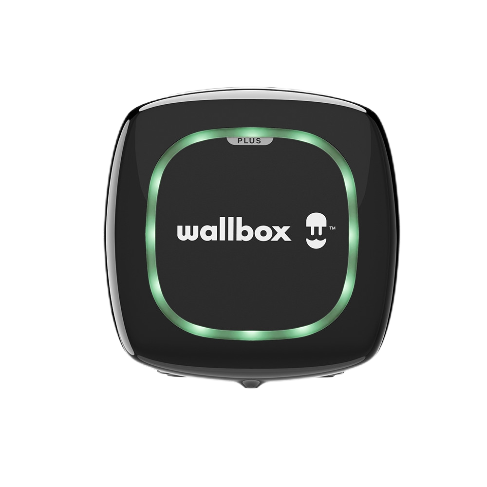 Cargador EV Pulsar Plus de Wallbox negro con anillo iluminado de color verde.
