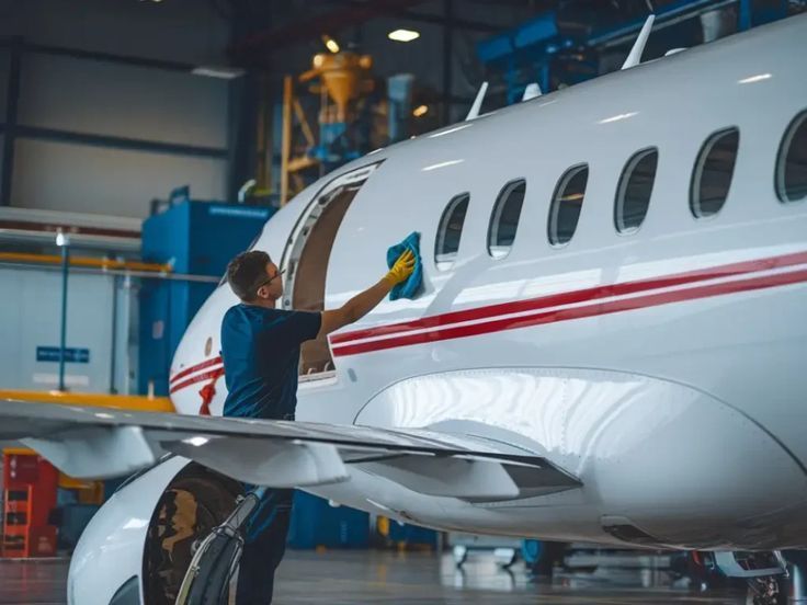 A person cleaning the exterior of a white private jet in a hangar.