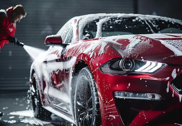 Red car being washed with foamy soap by a person holding a pressure washer.