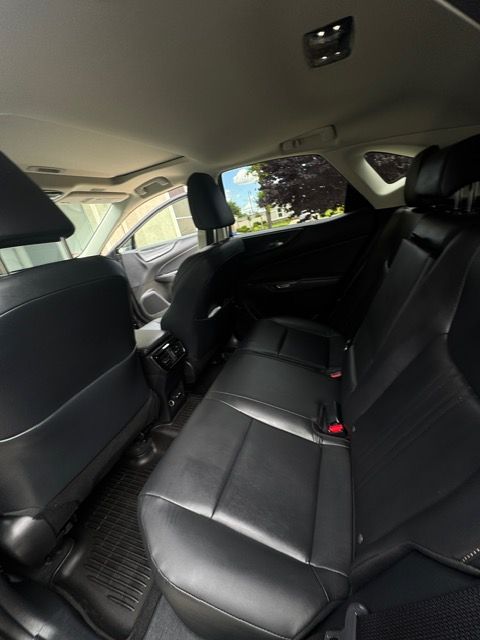 Car interior with black leather rear seats and open door, viewed from the back seat