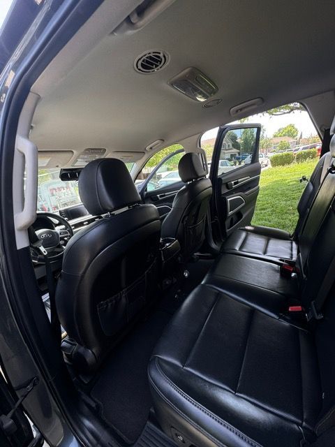 Black leather car interior with rear seat folded and rear passenger door open to a grassy area.