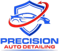 Blue shield car logo with red swoosh and text &ldquo;PRECISION AUTO DETAILING&rdquo;