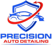 Blue shield car logo with red swoosh and text &ldquo;PRECISION AUTO DETAILING&rdquo;