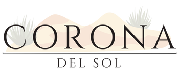 "CORONA DEL SOL" logo with text in a serif font, layered over light-colored desert hills and two agave plants.