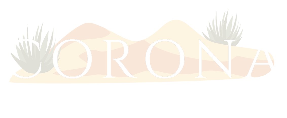 White text reading "CORONA" set against a pale illustration of desert dunes and small spiky plants.