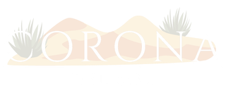 White text reading "CORONA" set against a pale illustration of desert dunes and small spiky plants.
