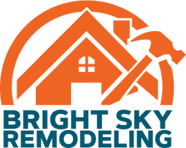 A logo for bright sky remodeling with a house and hammers