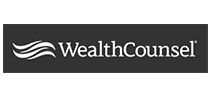 A black and white logo for wealthcounsel.
