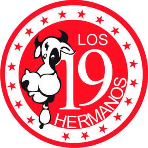 Logotipo circular rojo con una vaca y el texto "LOS 19 HERMANOS".