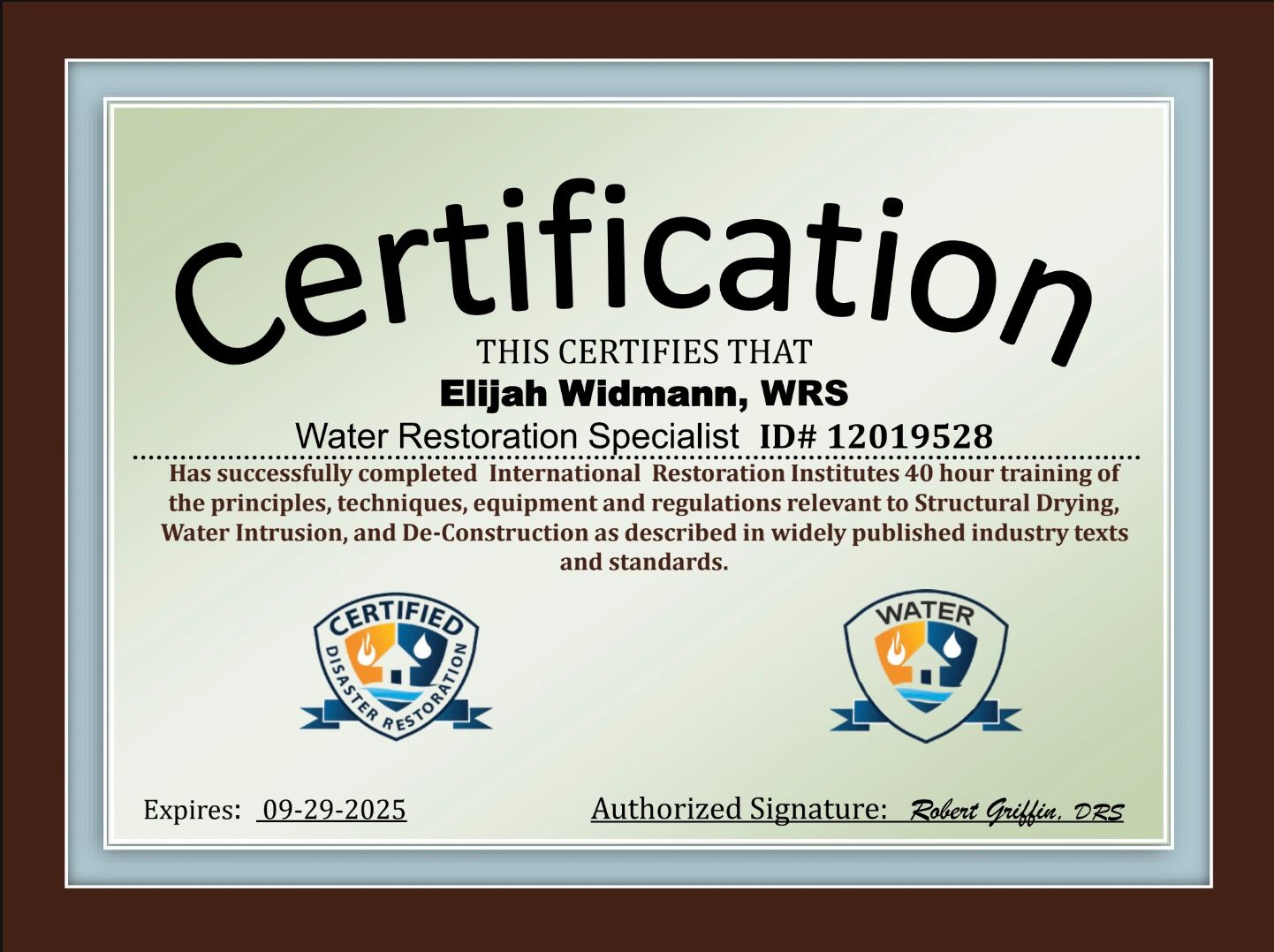 Owner, Elijah Widmann, WRS, of All Clean Mold Remediation is a certified Water Restoration Specialist, ID#: 12019528