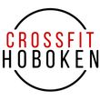 The logo for crossfit hoboken is a black and red circle with the words crossfit hoboken in red letters.
