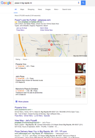 First Page Search Results for Pizza in Big Rapids, MI on Google