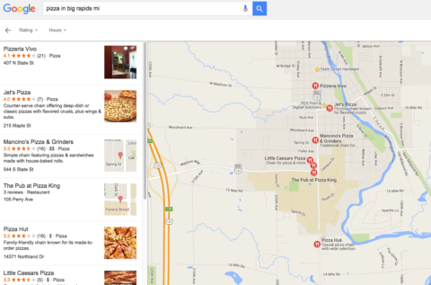 Example of Complete Google Map Results for Pizza in Big Rapids, MI