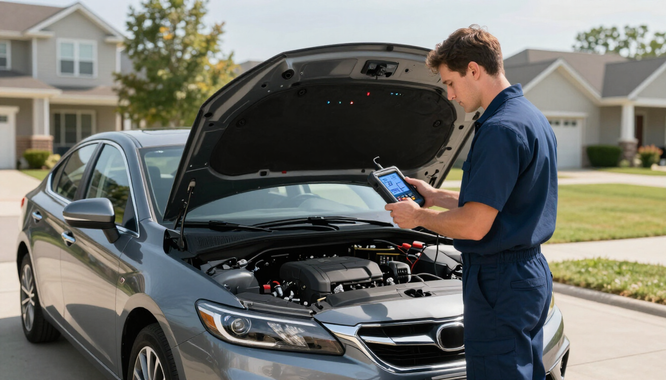 Man checking a car engine with a phone in a suburban driveway