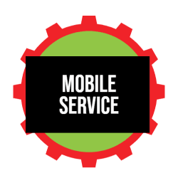 Mobile service icon, black rectangle with white text on a green circle, red gear outline.