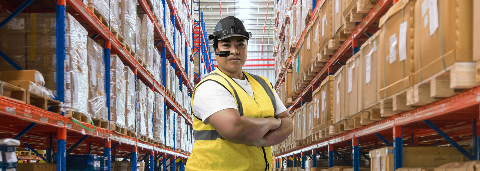 Picture of a warehouse worker wearing a VR headset