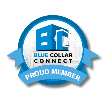 Blue collar connect proud member logo on a white background