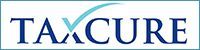A blue and white logo for taxcure with a check mark.