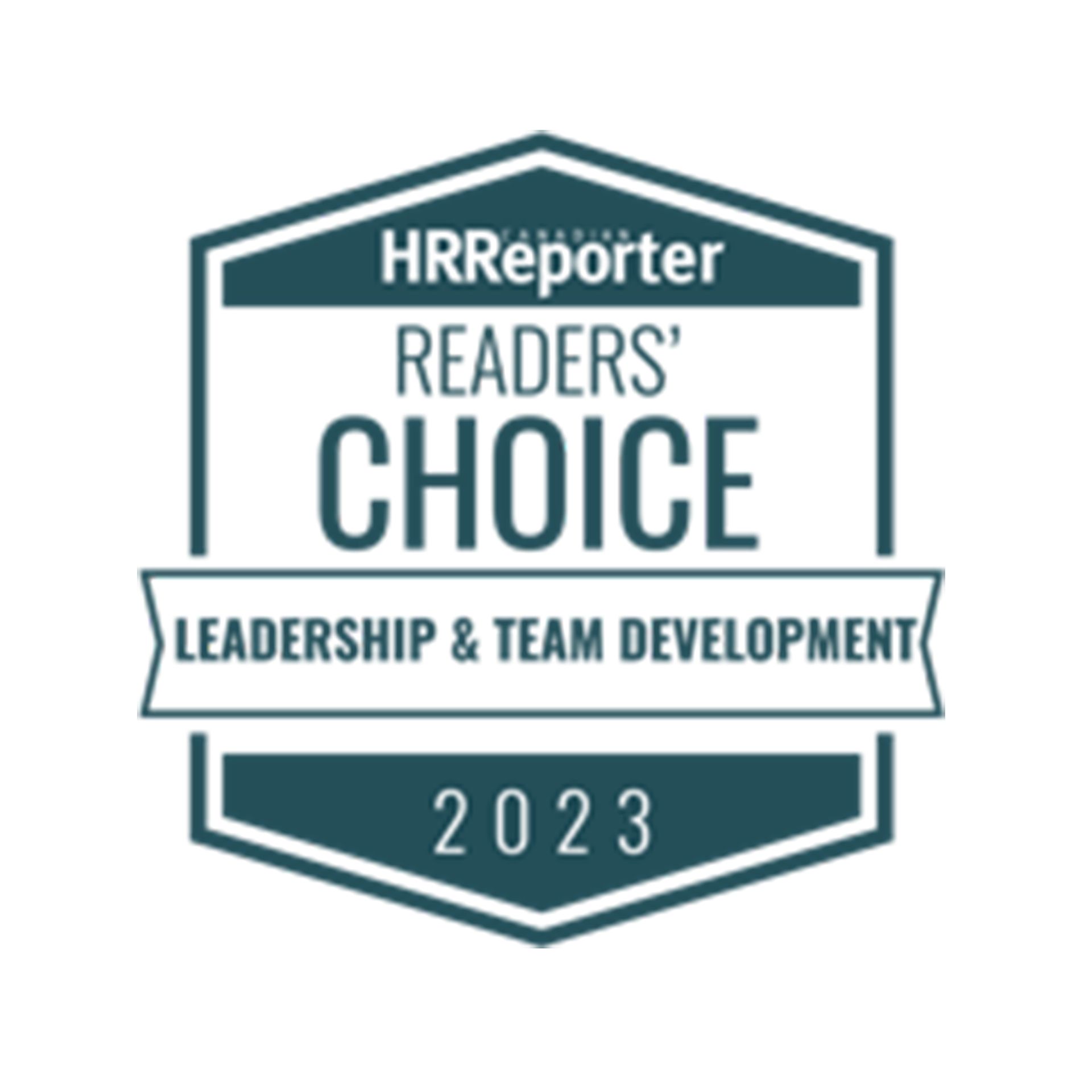 A badge that says hr reporter readers choice leadership & team development