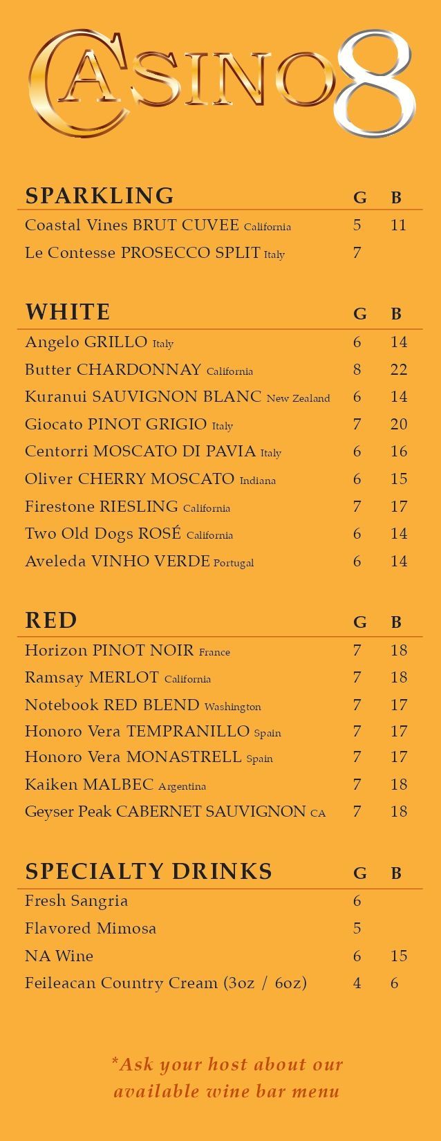 A menu for casino 8 shows a variety of drinks