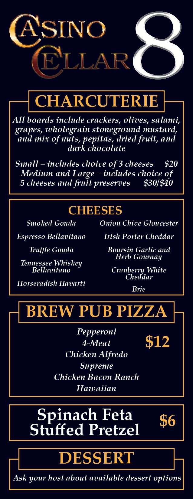 A menu for casino 8 shows a variety of drinks