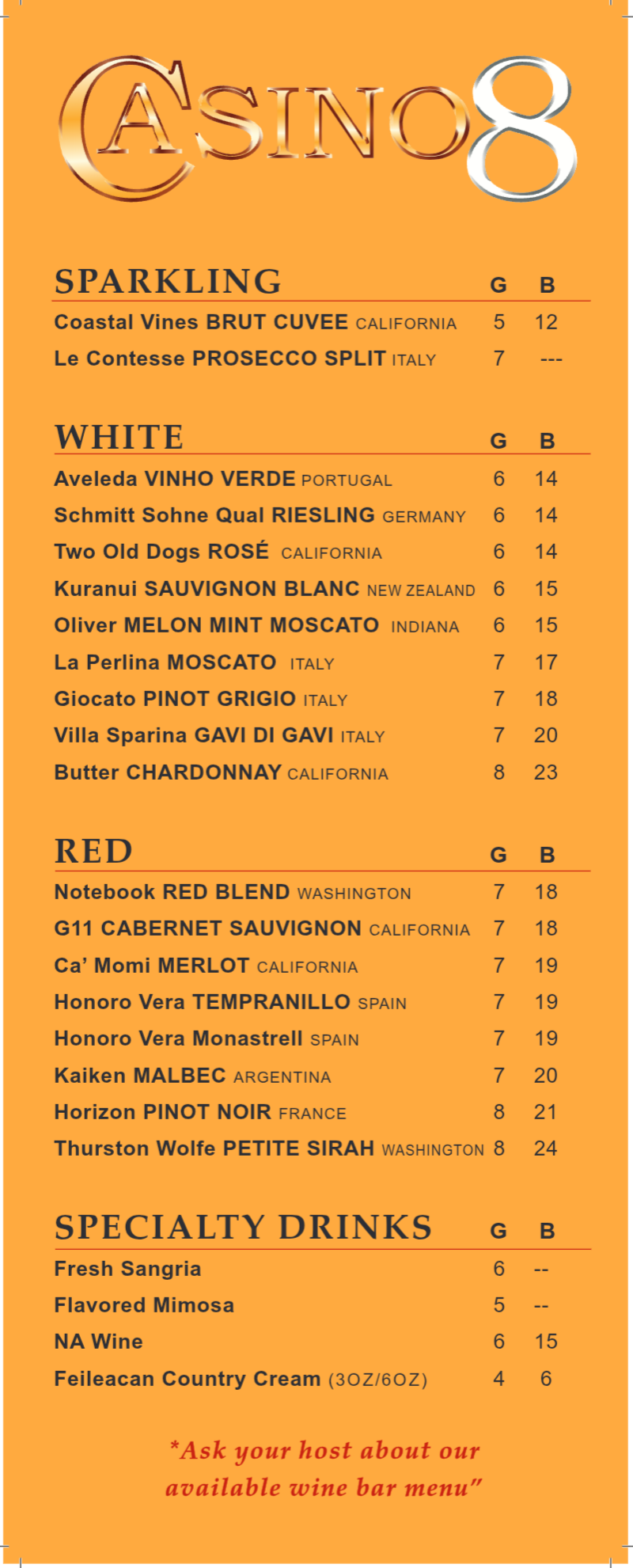 A menu for casino 8 shows a variety of drinks