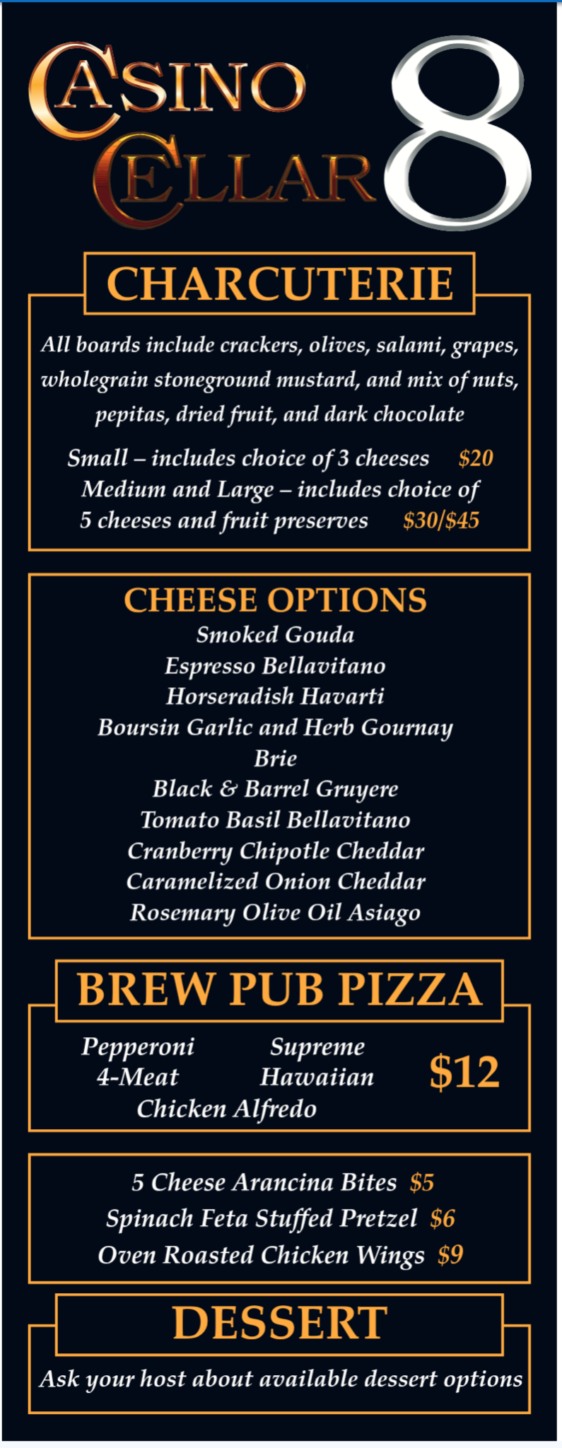 A menu for casino 8 shows a variety of drinks
