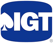 A blue and white logo for a company called igt.