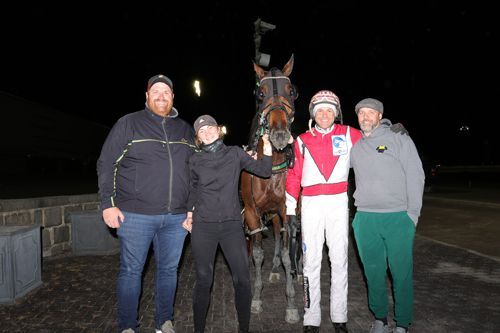 Per Engblom, Jason Bartlett and Coaches Corner pictured after their win 10/28 at Yonkers Raceway