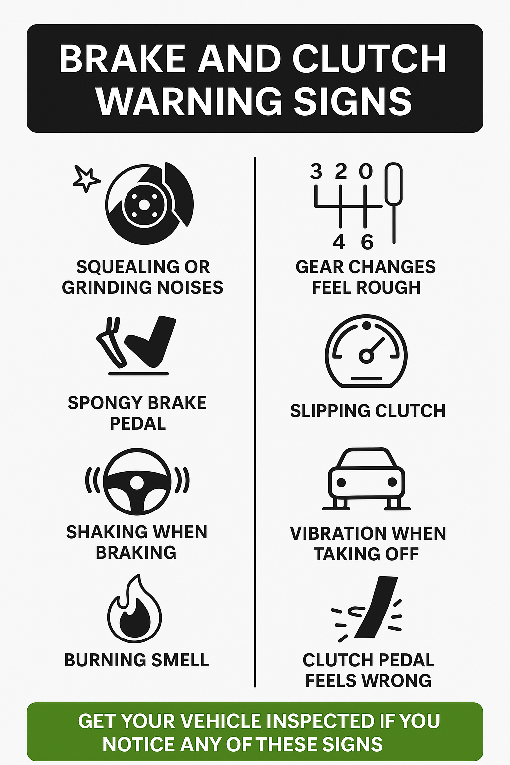 Brake and clutch warning signs infographic with the most common warning signs.
