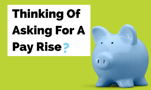 A blue piggy bank is sitting next to a sign that says `` thinking of asking for a pay rise ? ''