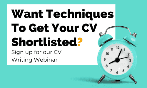 A blue alarm clock with the words `` want techniques to get your cv shortlisted ? sign up for our cv writing webinar ''.