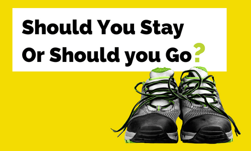 A pair of running shoes on a yellow background with the words should you stay or should you go.