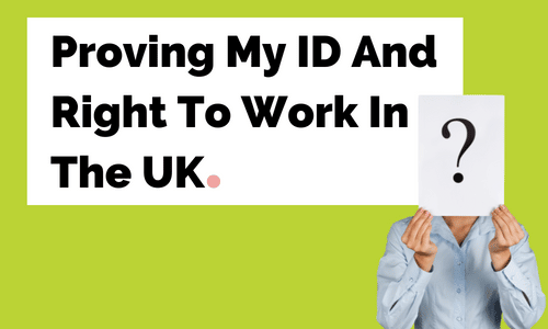 A man is holding a sign in front of his face that says proving my id and right to work in the uk.