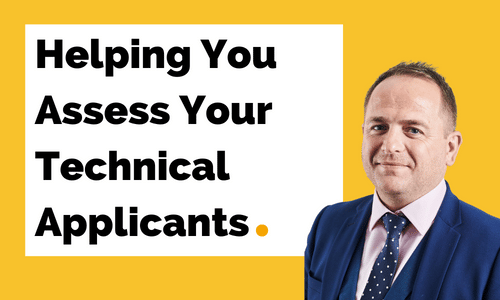 A man in a suit and tie is standing next to a sign that says `` helping you assess your technical applicants ''.