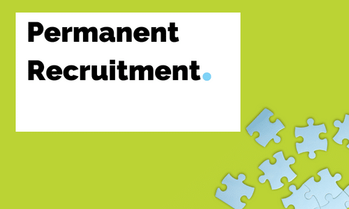A green background with blue puzzle pieces and the words permanent recruitment.